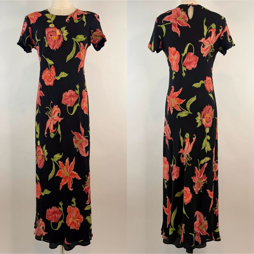 Vintage Floral Pink/Black Maxi Chiffon Fairy Dress Short Sleeve Scoop Neck Sz 8